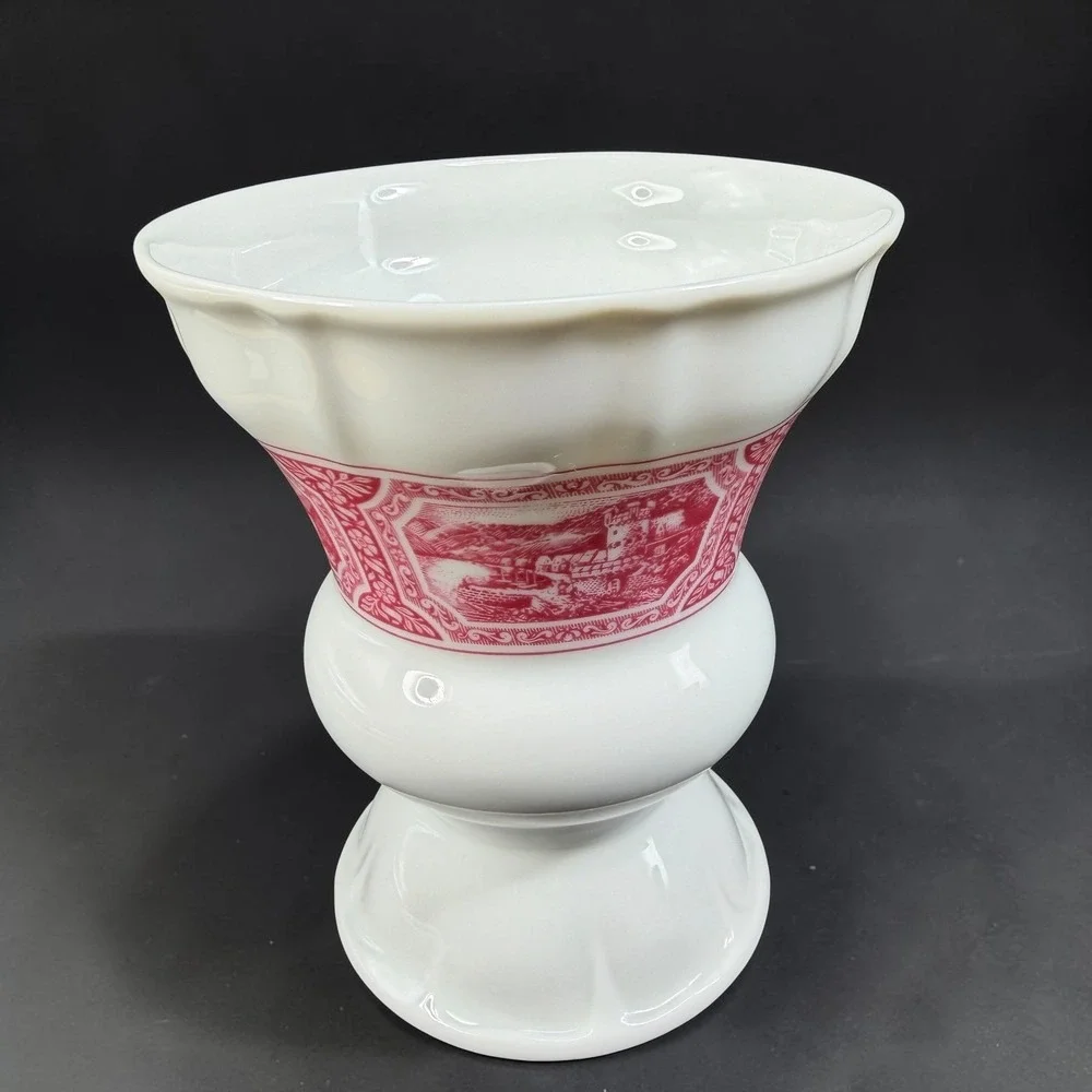 Heinrich Germany Porcelain Vase Pink White Scenic Transferware Castle 4.5 Inch